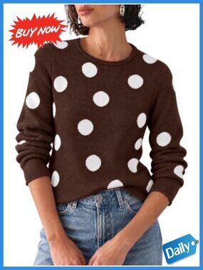 Women's Cropped Fitted Knit Polka Dot Pullover Sweater Crew Neck
